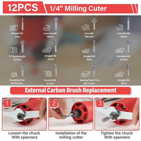 12 piece 1/4 inch milling cutter set diagram with installation instructions for 650W Compact Wood Router With 12 Piece 1 Quarter Inch Bit Set Six Speeds Edge Guide Dust Hood.