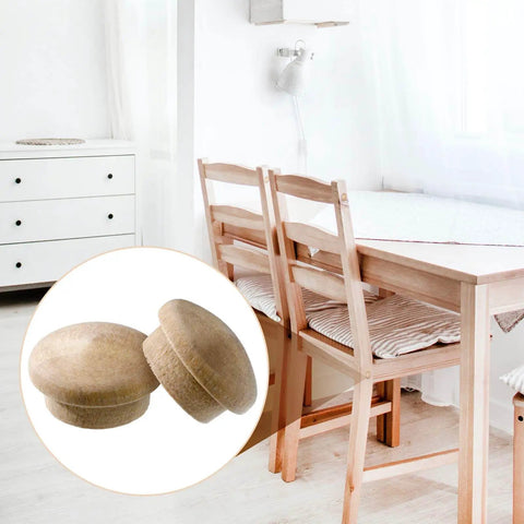 50 Piece Wooden Button Top Screw Hole Plugs For Furniture And Home in a dining room setting with wooden chairs and table.