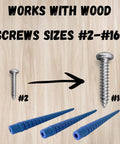 Stripped Screw Hole Repair Kit For Cabinets Hinges Doors And Furniture That Delivers A Fast Fix For Damaged Holes With Heavy Duty Wall And Wood Anchors Made In USA 12 Pack Restores Threads And Lets Screws Grab Like New shown with wood screws size 2 to 16.