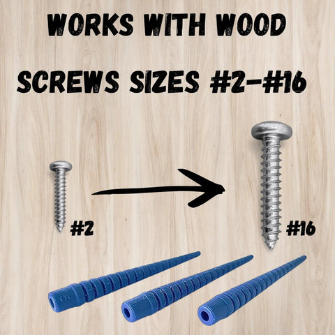 Stripped Screw Hole Repair Kit For Cabinets Hinges Doors And Furniture That Delivers A Fast Fix For Damaged Holes With Heavy Duty Wall And Wood Anchors Made In USA 12 Pack Restores Threads And Lets Screws Grab Like New shown with wood screws size 2 to 16.