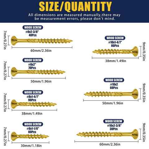 450 Pcs Wood Screws Assortment Kit with Torx Drive Screws and Matching Bits featuring various sizes and dimensions.