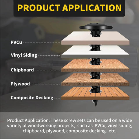 Diagram showing 220 PCS #8 Truss Head Black Wood Screws Assortment Kit with Phillips Drive used in PVCu, vinyl siding, chipboard, plywood, composite decking