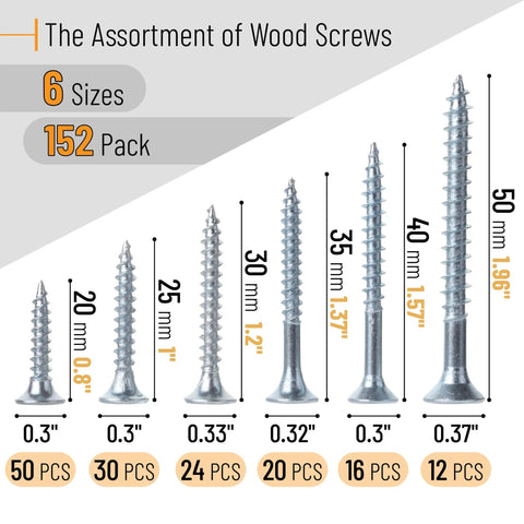 Wood Screws Assortment Kit 152 Pcs Silver Phillips Screws in 6 Sizes with dimensions from half inch to two inches displayed.