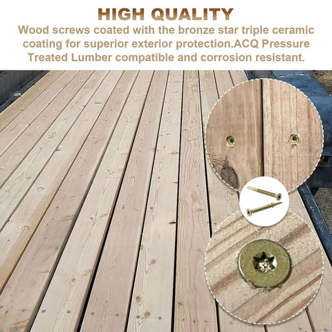 Size 14 By Two And Three Quarters Inch Reamer Tek Torx Self Drilling Screws For Metal To Wood With T30 Drive Heavy Duty Screws For Trailer Decks Flatbeds Truck Beds Docks And More 100 Pack in wood planks with bronze coating and close-up of screw head