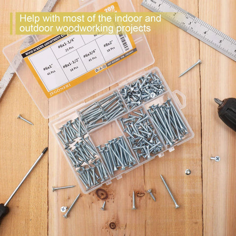 High Hardness Wood Screws Set 209 Pieces Phillips Flat Head Drywall And Wood Screws Six Sizes Two Inch To One Half Inch in box
