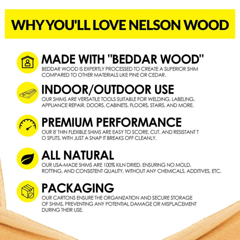 Image showcasing benefits of Contractor Grade Wood Shims 56 Count 8 Inch Pack for Leveling and Precise Alignment Easy Snap Design