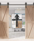 Premium Black Finish Wood Double Sliding Barn Door Hardware Kit With Big Spoke Wheel Rollers installed in living room