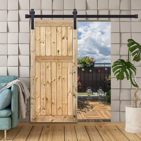 6.6 Ft Sliding Barn Door Hardware Kit For 40 Inch Wide Door Panel With I Shape Hangers Black Finish installed in living room