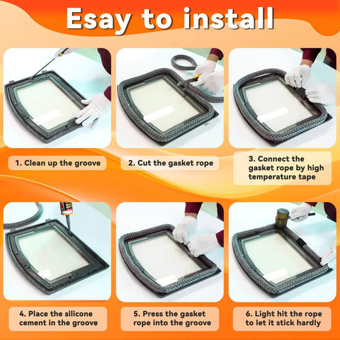 Installation steps for Wood Stove Door Gasket Cement With High Temp Silicone Sealant, showing cleaning and gasket placement