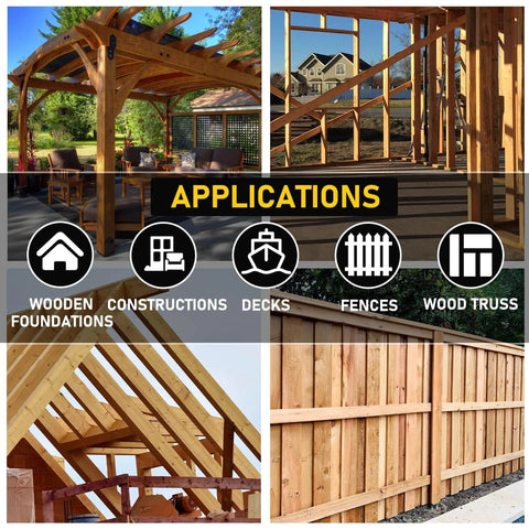 Applications for 50pcs #14 x 4 Inch Heavy Duty Wood Structural Screws, Black Hex Head Timber Screws in construction, decks, fences.