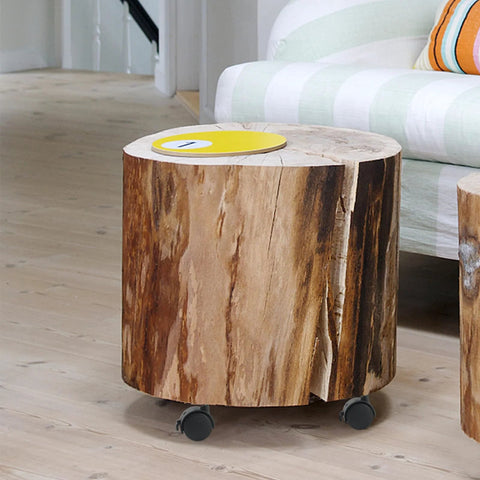 Rustic wooden log table on 30 Pcs 1.5 Inch Swivel Caster Wheels With Brake Nylon Plate Casters, 360-degree rotation for mobility.