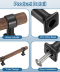Two Pack Adjustable Wood Drawer Pulls T Bar Handles with 96mm Hole Center showing details of wood, zinc base, and screw installation.