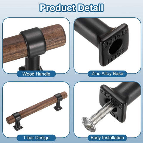 Two Pack Adjustable Wood Drawer Pulls T Bar Handles with 96mm Hole Center showing details of wood, zinc base, and screw installation.