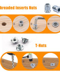 All-In-One 140-Piece 1/4-20 T-Nuts And Threaded Inserts Kit For Wood, showing threaded inserts and T-nuts installation steps.