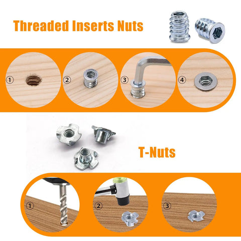 All-In-One 140-Piece 1/4-20 T-Nuts And Threaded Inserts Kit For Wood, showing threaded inserts and T-nuts installation steps.
