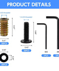 Pro Grade 1/4-20 Wood Threaded Insert Kit With 30 Inserts, 30 Screws, 30 Washers, 2 Hex Keys, detailed product dimensions.