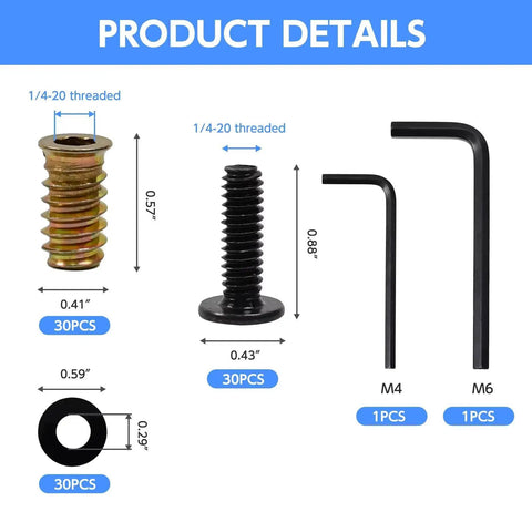 Pro Grade 1/4-20 Wood Threaded Insert Kit With 30 Inserts, 30 Screws, 30 Washers, 2 Hex Keys, detailed product dimensions.