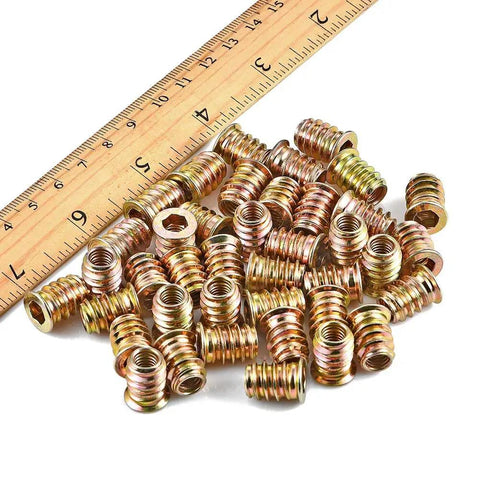 DIY Ready Wood Threaded Inserts Kit, 80 Pcs 1/4-20 Metal Studs With Hex Drive, shown with ruler for scale, pile of inserts