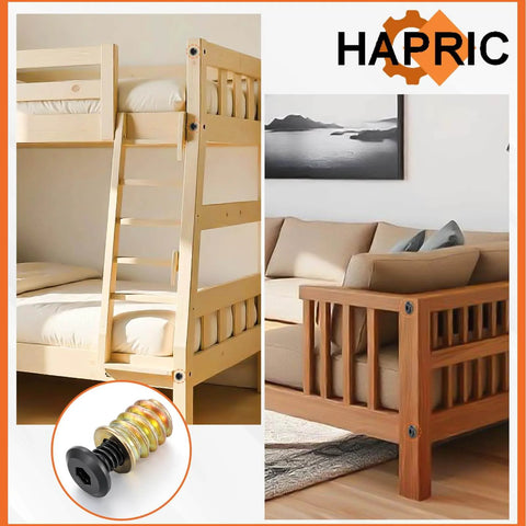 32 Pcs Wood Threaded Inserts For Furniture Screws used in bunk bed and sofa assembly with close-up of inserts and nuts