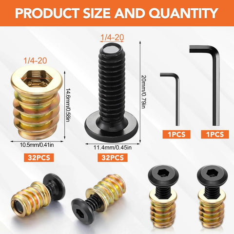 32 Pcs Wood Threaded Inserts For Furniture Screws 1/4-20 X 25/32 In Hex Socket and Screw In Nuts, showing size and quantity details.