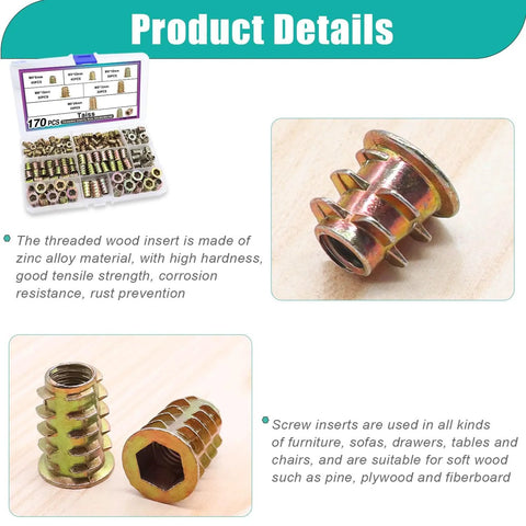 170Pcs Wood Threaded Inserts Kit Six Sizes M4 M5 M6 M8 Hex Socket Drive Nuts For Wood Furniture Cabinets shown with close-up details