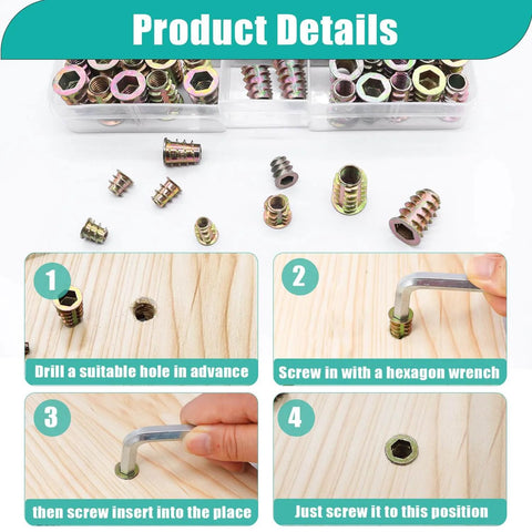 170Pcs Wood Threaded Inserts Kit Six Sizes M4 M5 M6 M8 with assembly steps for wood cabinets and furniture