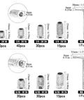 Image of 200-Piece Zinc Plated Wood Threaded Insert Kit With 1/4-20 And 5/16-18 Hex Drive Nut Inserts sizes and components displayed.
