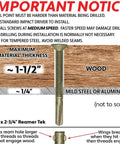Diagram showing Heavy Duty Wood To Metal Reamer Tek Screws With Self Drilling Tip Torx T30 Star Head 14 by 2 and 3 Quarters Inch for flatbeds and trailers, highlighting maximum material thickness for wood and metal.