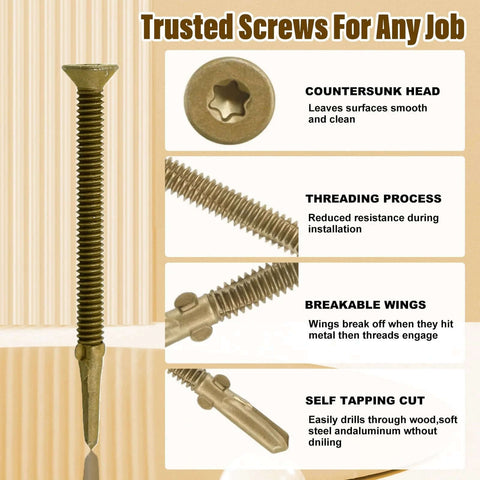 Heavy-Duty 14 By 3 1/4 Inch Self-Drilling Wood To Metal Screws With Torx Star Head T30, shown with features and close-up views