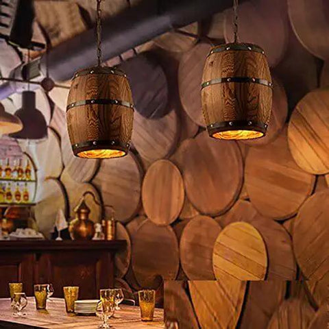 Antique Wood Wine Barrel Pendant Lamp For Bar And Kitchen Rustic Dope Vibe Hanging Ceiling Light Fixture in dining area