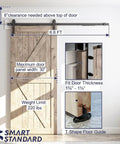 6.6 FT Sliding Barn Door Soft Close Hardware Kit installed on wood door showing fit, weight limit, and T shape floor guide.