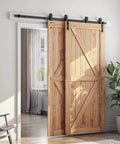 6.6 Feet Bypass Sliding Barn Door Hardware Kit for Double Wooden Doors with Single Track installed, carbon steel rail visible