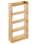 Wooden five-shelf bookcase, natural finish, showcasing vertical storage for organizing books, decor, and household items.