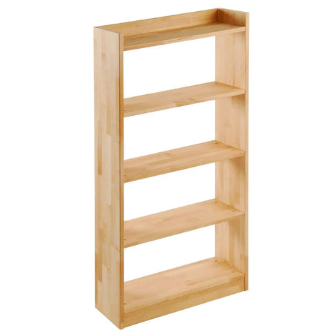 Wooden five-shelf bookcase, natural finish, showcasing vertical storage for organizing books, decor, and household items.