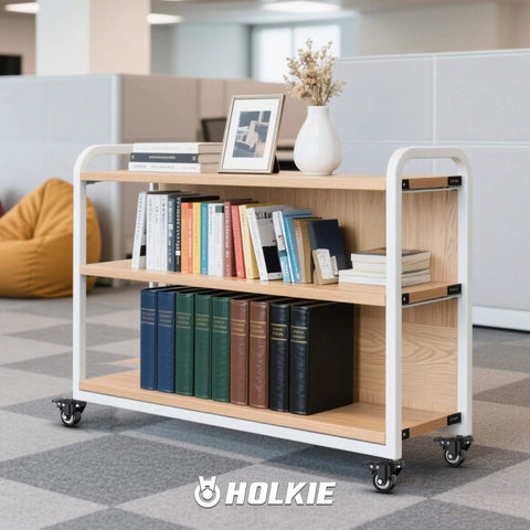 Library cart with books on 2 Inch Stem Caster Wheels Total Locking Set of 8 Heavy Duty Swivel Casters, steel and PVC, in office setting.