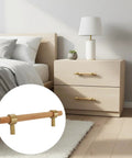 Bedroom scene showing a nightstand with a Set Of Six 3.75 Inch Wooden Cabinet Pulls With Screws For Dresser Kitchen And Wardrobe Cabinets.