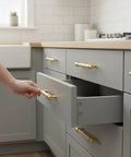 Set Of Six 3.75 Inch Wooden Cabinet Pulls With Screws For Dresser Kitchen And Wardrobe Cabinets 5.55 Inch Total Length 3.75 Inch Center To Center Hole Spacing installed on gray kitchen drawers.