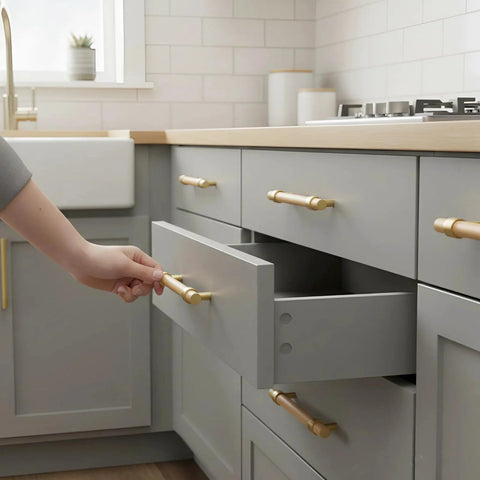 Set Of Six 3.75 Inch Wooden Cabinet Pulls With Screws For Dresser Kitchen And Wardrobe Cabinets 5.55 Inch Total Length 3.75 Inch Center To Center Hole Spacing installed on gray kitchen drawers.