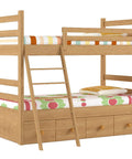Wooden bunk bed with colorful bedding and ladder, featuring storage drawers below