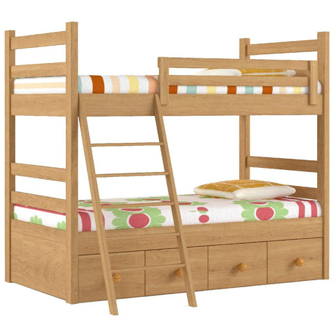 Wooden bunk bed with colorful bedding and ladder, featuring storage drawers below