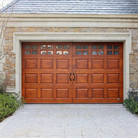 Wooden garage door with 8 Inch Hammered Cast Iron Door Handle Heavy Duty Barn Door Pull in rustic black, installed on stone garage, includes screws.