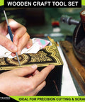 Person using detailed crafting tool on ornate wooden surface, ideal for precision cutting and scraping, close-up view.