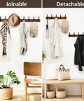 Wall Mounted Coat Rack With Two Hooks, 16.5 Inch Wood Base, Narrow Space Wall Hanger, joined and separated views, holding clothes and hats.