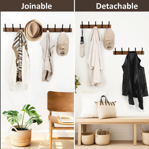 Wall Mounted Coat Rack With Two Hooks, 16.5 Inch Wood Base, Narrow Space Wall Hanger, joined and separated views, holding clothes and hats.