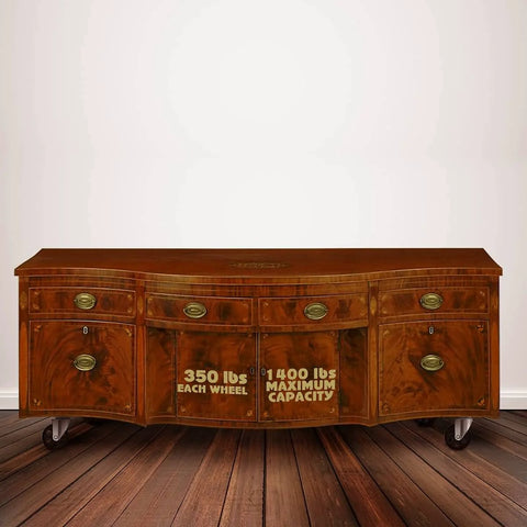 Wooden furniture unit with 4 Pack Heavy Duty Large Steel Swivel Caster Wheels 3.5 Inch No Brake 350 Lb Capacity Each