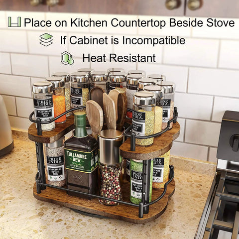 12 Inch D Shaped Lazy Susan Spice Rack Organizer on kitchen counter, solid wood, with spices and condiments, showcasing height adjustable design