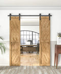 6Ft Barn Door Hardware Kit Double Sliding Door System Black Carbon Steel Heavy Duty Track Rail J Shape Side Mounted Easy To Install For 36 Inch Closet Panel No Door Supports Up To 277 Lbs With Black Powder Coating installed on wood doors