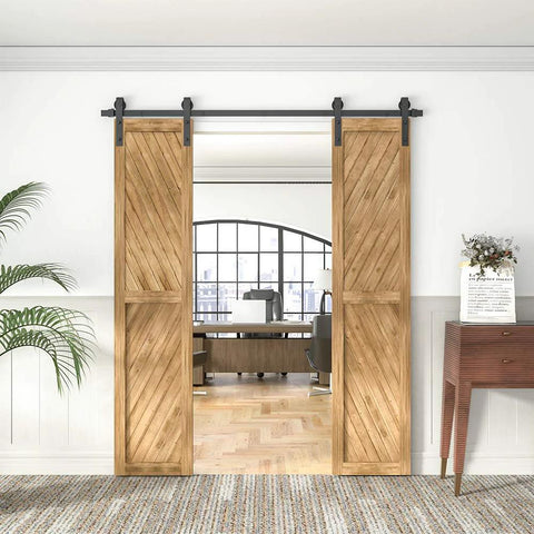 6Ft Barn Door Hardware Kit Double Sliding Door System Black Carbon Steel Heavy Duty Track Rail J Shape Side Mounted Easy To Install For 36 Inch Closet Panel No Door Supports Up To 277 Lbs With Black Powder Coating installed on wood doors