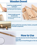 Wooden dowel pieces in various views for All In One 285Pcs 3 In 1 Eccentric Wheels Kit For Furniture Assembly With Cam Lock Fasteners Dowel Pins Nut And Bolt Set Pre Inserted Nuts Compatible With IKEA