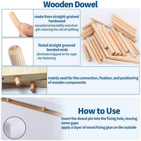 Wooden dowel pieces in various views for All In One 285Pcs 3 In 1 Eccentric Wheels Kit For Furniture Assembly With Cam Lock Fasteners Dowel Pins Nut And Bolt Set Pre Inserted Nuts Compatible With IKEA